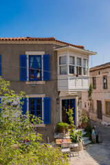 Fototapeta na wymiar Colorful Houses with Bay Window in Alacati, Izmir
