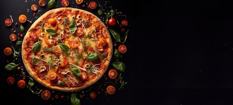 Delicious juicy pizza top view on dark background, copy space. Created using Generative AI technology.
