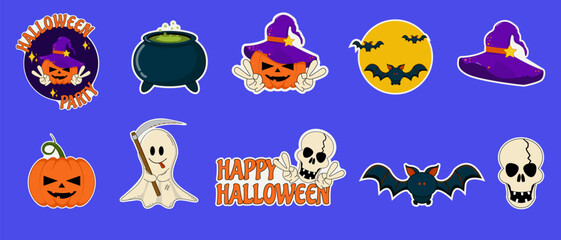 A set of stickers for a Happy Halloween party. Vector illustration: pumpkin, potion, hat, skull, ghost, bat.
