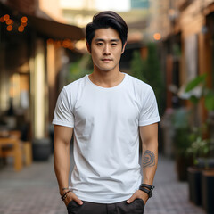 Short Sleeve White TShirt Mockup feat Asian Male Model Trendy Look