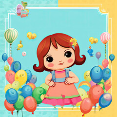 Illustration of a Cute Little Girl with Colorful Balloons