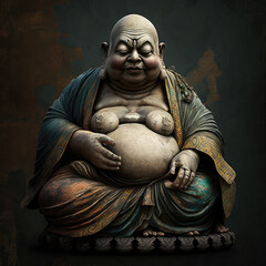 laughing buddha statue on dark grunge background with copy space.