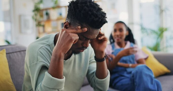 Black couple, headache and fight, stress and divorce, talking and marriage crisis. African man, woman and conflict, argument and challenge, tired and anxiety, frustrated and fail in home relationship