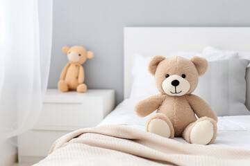 Cute teddy bear sitting on bed at home