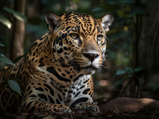 Obraz premium Jaguar portrait close up created with Generative AI technology