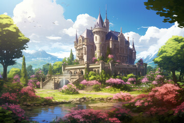 Obraz premium Fantasy landscape with castle in the mountains. illustration.