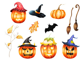 Watercolor halloween pumpkins with hats, witch's brooms, bat and autumn branch with foliage. Happy magical hand painting for holiday isolated on white background. For designers, decora