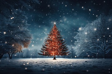 Fototapeta na wymiar Christmas tree in snow covered woods at night