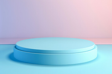 Blue round podium, with a pink background, creates an elegant showcase displaying product exhibits in an presentation with a minimalist design. This perfect choice for presenting product mock-ups.