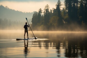A man engages in stand-up paddleboarding on a serene lake