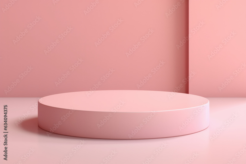 Poster The pastel pink background of the podium stage showcases display stands for products with round and geometric shapes, creating an intriguing abstract impression.