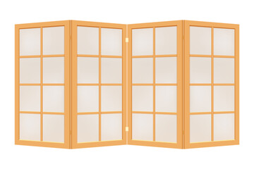 Beige wooden folding screen with frosted glass or paper to divide the room, as a decor. Four-fold paravan in asian style