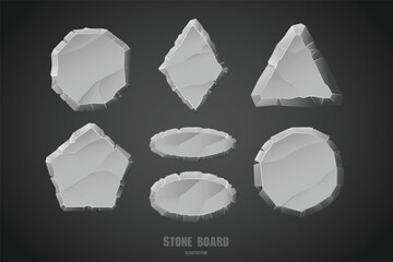 Stone menu board, rock button, gray stone banner, stone ui element
