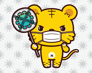 Cute little tiger wearing mask and holding stop coronavirus sign