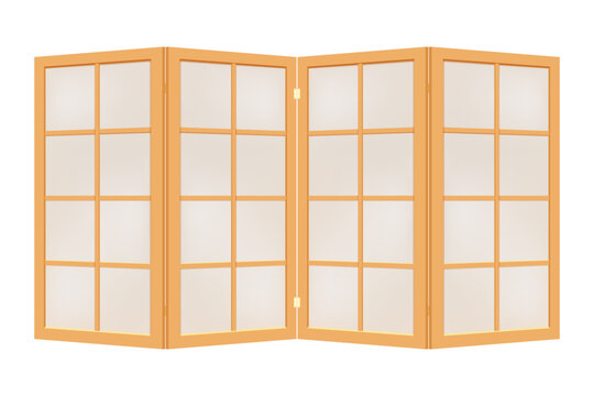 Beige wooden folding screen with frosted glass or paper to divide the room, as a decor. Four-fold paravan in asian style