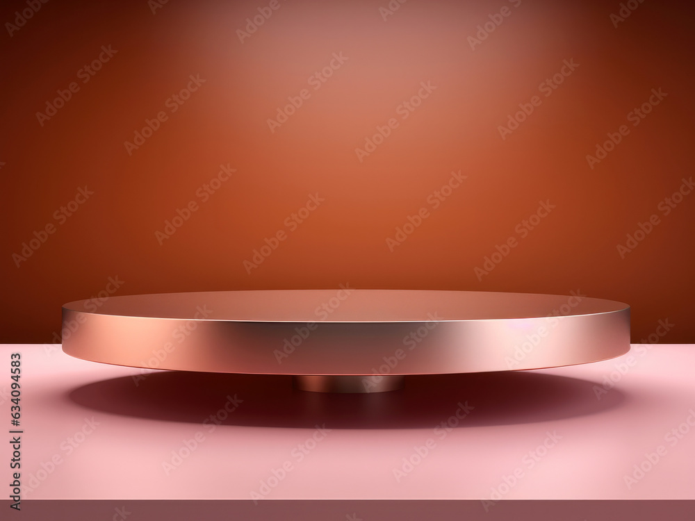 Poster An elegant brown podium with a minimalist pink table background offers an intriguing presentation with a scene depicting abstraction. The podium is also three-dimensional in shape.