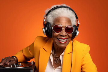 Black old gray-haired cheerful woman in headphones and glasses on an empty bright background. AI generated. - obrazy, fototapety, plakaty