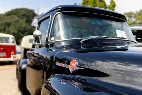 1960 Ford F-100 V8 logo close-up