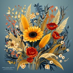Summer floral bunch on the turquoise background in art Ukrainian style