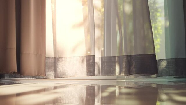 B roll - Transparent curtain moved by the wind on the door with sunlight and leaves shadow.