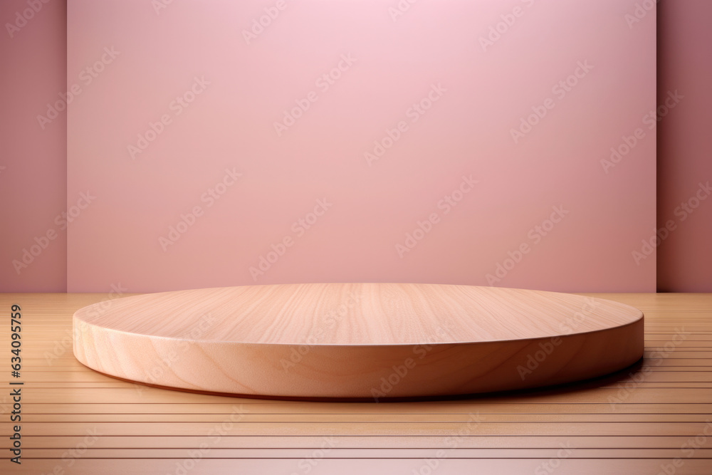Poster wooden round podium and the pink background of the wall create a natural and warm impression. the pr