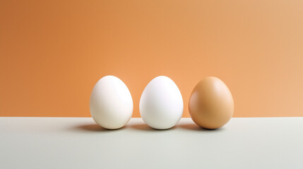 Three chicken eggs on a beige background. The concept of individuality
