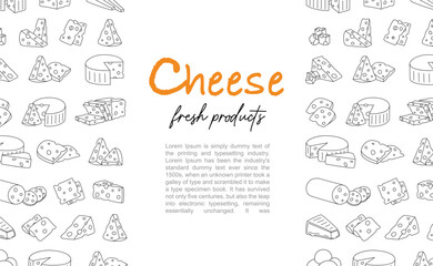 Cheeses shop banner. Pieces of cheese with internal holes. Cheeses menu design. Cheddar, camembert, brick, mozzarella, maasdam, gouda, feta, parmesan. - obrazy, fototapety, plakaty