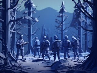Low poly soldier in a blue forest atmosphere. 3D soldiers are operating and patrolling in the jungle.
