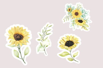 watercolor sunflower branches and bouquet illustration
