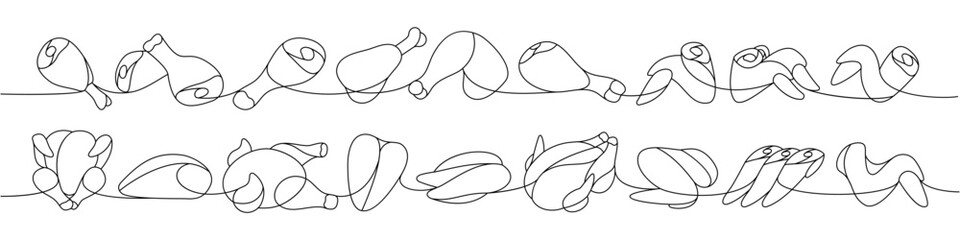 Fresh pieces of chicken one line continuous drawing. Raw chicken meat parts continuous one line illustration. Vector minimalist linear illustration.