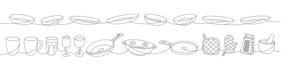 Kitchen utensils one line continuous drawing. Ceramic plates, mug, wineglass, frying pan, colander, kitchen mitten, rolling pin one line illustration.