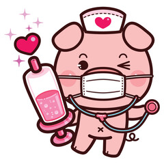 Cute little pig in nurse in uniform with a stethoscope around his neck and holding syringe