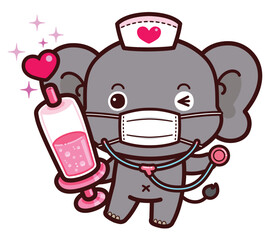Cute little elephant in nurse in uniform with a stethoscope around his neck and holding syringe