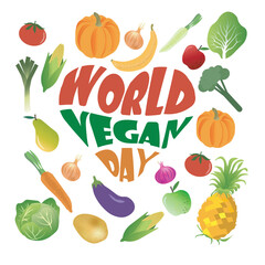 World Vegan Day. Illustration of the phrase in the shape of a heart. Vectors isolated on transparent background.