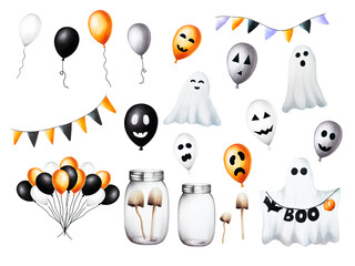 Watercolor Halloween illustrations with scary faces on baloons, festive flags, pumpkin, toadstools in a jar, ghosts. Hand painting orange, black, white balloon sketch isolated on white background. 