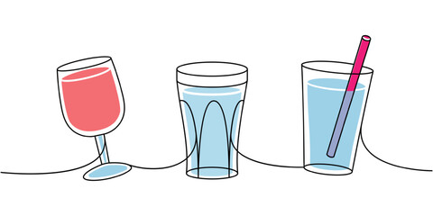 Set of glass cups one line colored continuous drawing. Empty glass cups continuous one line illustration. Vector linear illustration.