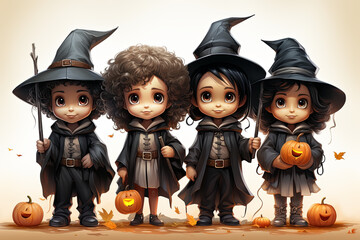 Cartoon children in costumes Trick or Treating with jack o lantern on Halloween night