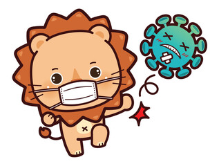 Cute little lion wearing a Medical mask for prevent Corona virus and fighting virus