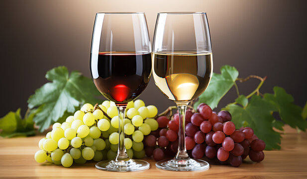 Close-up of bunch of grapes with glass wine. AI generated