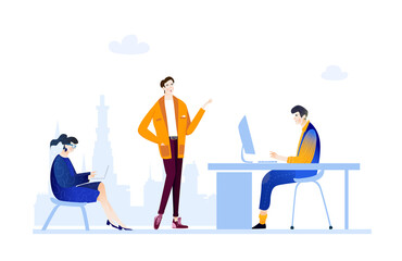 People working in office, collaborating on a project, talking and sharing ideas.