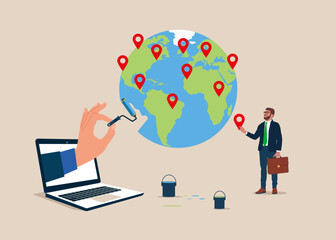 Business people holding paint roller and painting world map, new branch pin on world map across globe.. Global business expansion, open company branches. Flat vector illustration.