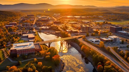 Captivating Aerial View of Lynchburg, Virginia at Sunrise: Highlighting the city's Architecture, Landmarks, Sights, and Spillway: Generative AI