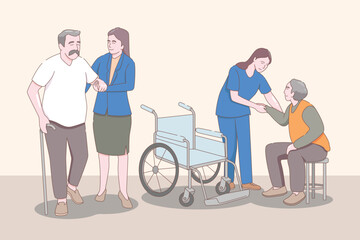 Obraz premium elderly care, old people care activities, prescribes treatment. Vector characters flat cartoon.
