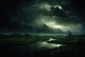 Dramatic Dark Sky with Falling Rain in a Scenic Landscape: Nature's Stormy Season. Generative AI