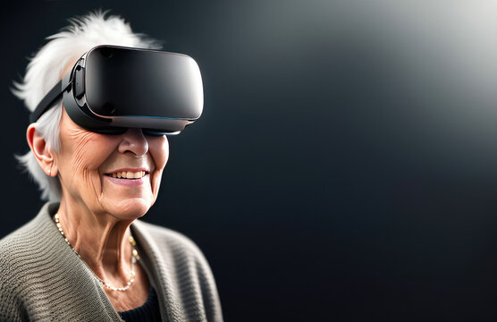 A old woman wearing a virtual reality headset, smile,VR, dark background