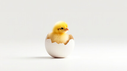 small yellow chicken in a shell on a light background. postcard with copy space, easter concept.  - obrazy, fototapety, plakaty