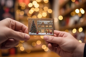 hand holding credit card on blurred background of holiday illumination.lending and banking concept. 