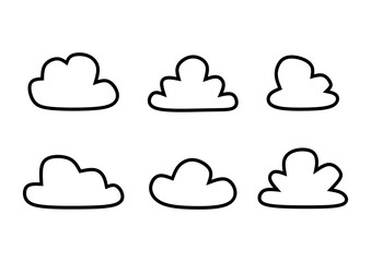 Doodle cartoon black outline cloud set vector illustration