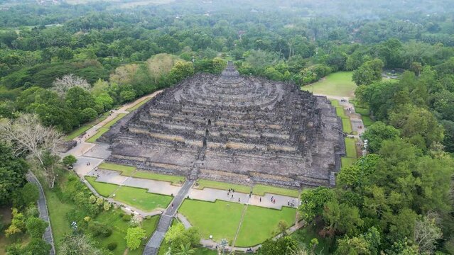 Borobudur temple on the background of sunrise and fog. Aerial view. Java, Indonesia