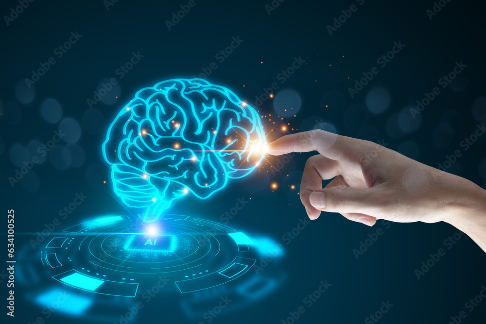Poster human hands touch connect on virtual brain, data network computer cpu background. smart ai machine l